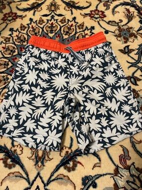 REI Kids Navy Floral Swim Shorts with Orange Waistband, Small